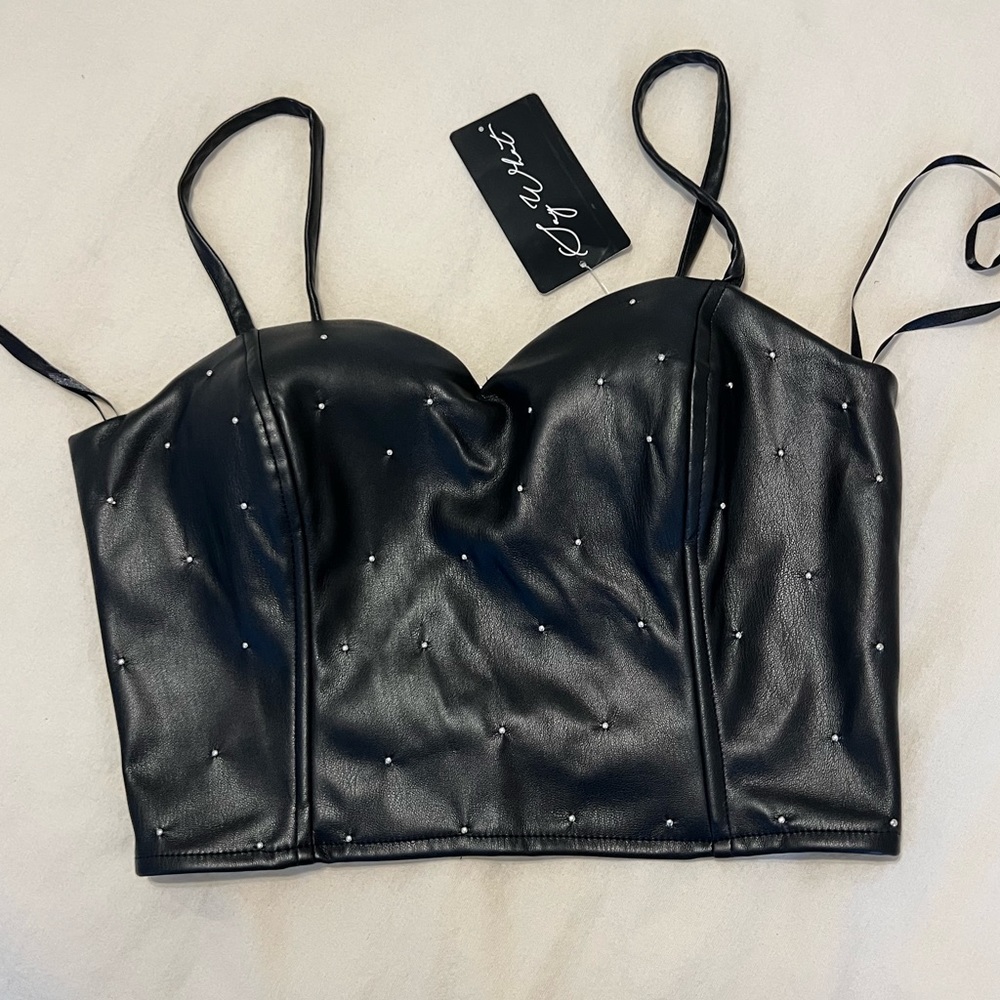 Say What (Size M) Black Studded Faux Leather Bustier Crop Top
